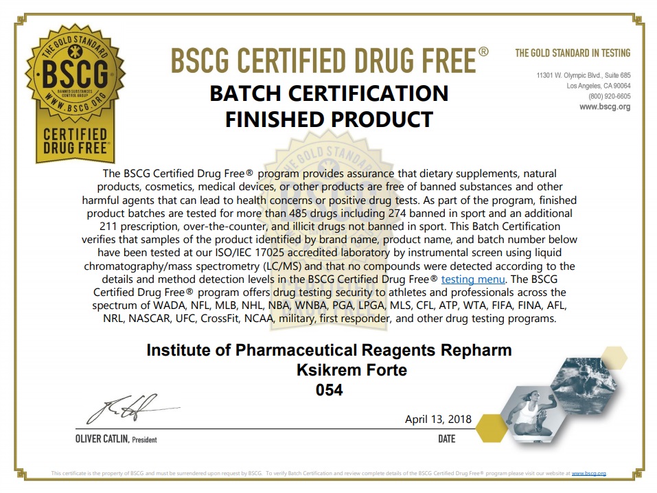 Сертификат BSCG для крема спортивной серии Ксикрем Форте